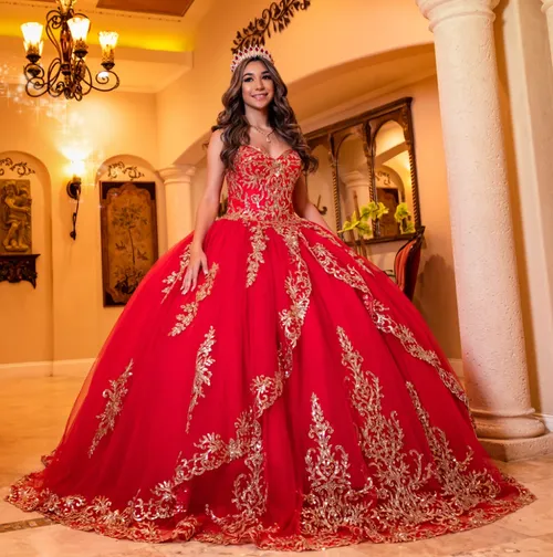 Gold and Red Quinceañera Dress