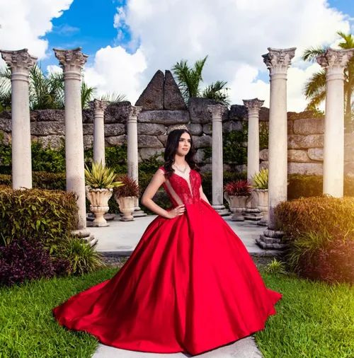  Quinceañera V-Neck Red Dress