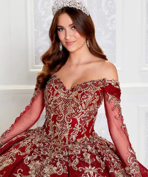 Long Sleeve Wine/Gold Quinceañera Dress