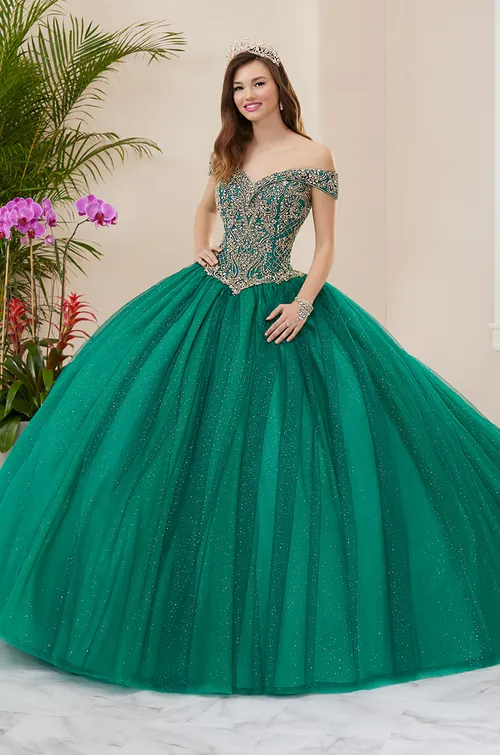 Quinceañera Green and Gold Dress