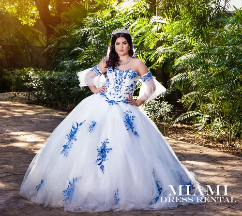 Quinceañera White Dress with Blue Flowers