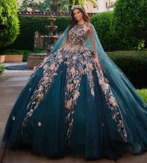 Forest and Rose Gold Quinceañera Dress