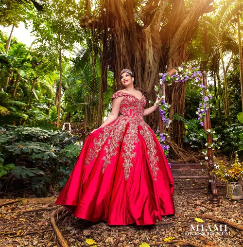 Quinceanera Red and Gold Dress