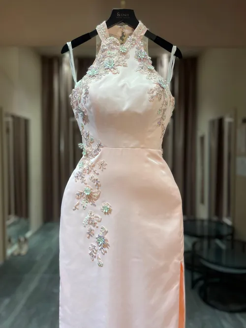 S05AAT 1508 modern cheongsam Pink base with lace aini modified