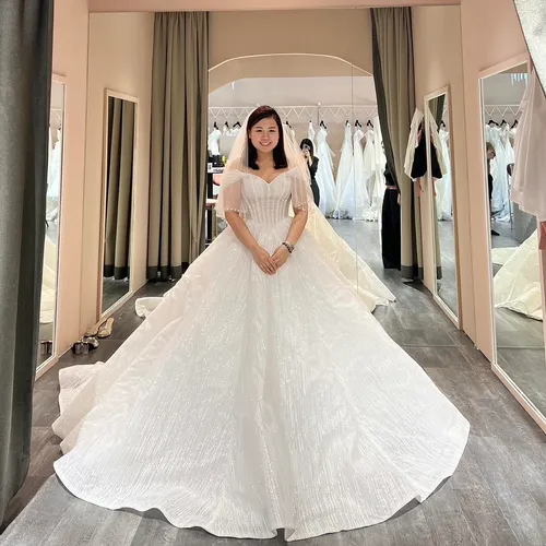 S05AAT 1170 Straight pearls off shoulder ball gown