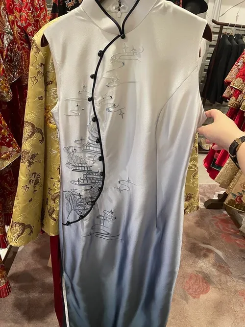S05AAT 1447 simple cheongsam Sleeveless white blue navy button no train