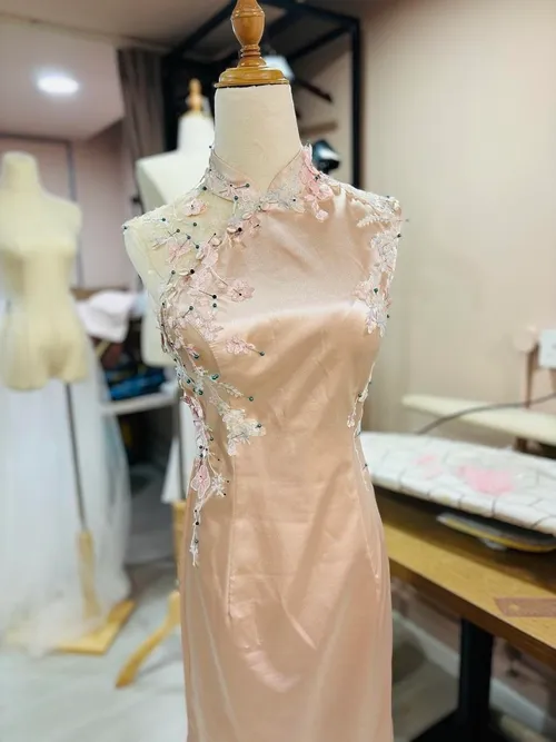 S05AAT 0913 - modern cheongsam Melissa Modified Pink champagne simple satin silk