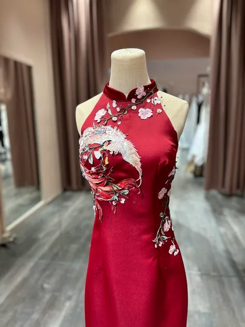 S05AAT 1397 modern cheongsam Melissa Modified Halter Neck Maroon Slit Phoenix 