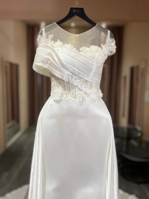 S05AAT 1501 sheer top 3D rose flower satin A line cape off shoulder