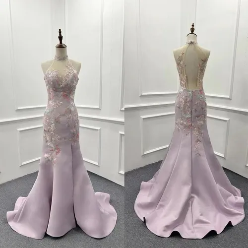 S05AAT 1505 modern cheongsam halter sheer back mermaid purple