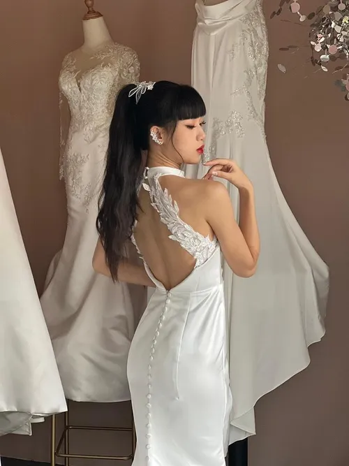 S05AAT 1101 Satin Halter Neck mermaid buttons