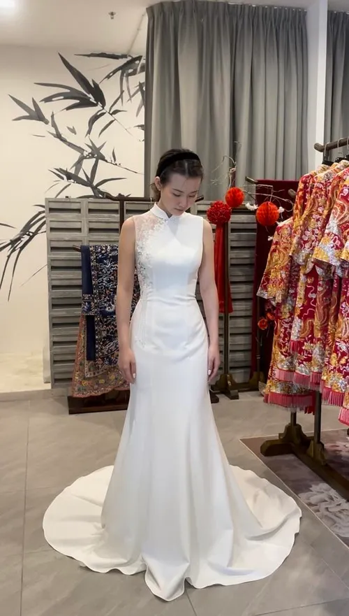 S05AAT 1415 modern cheongsam White with train