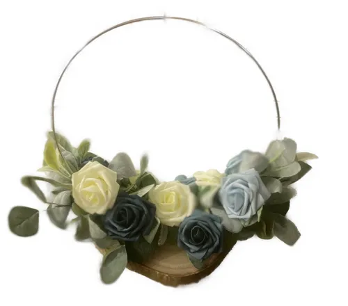 Centerpieces- Shades of Blue -Floral hoop rings and wood stand holders 