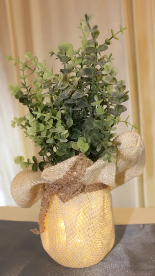 Jars- Burlap Wrapped Mason Jars with Greenery & Fairy Lights