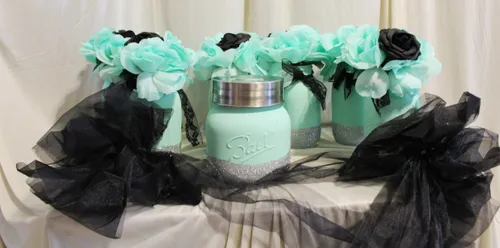 Faith Collection- Teal Jar Centerpiece Holder with Teal & Black Florals 
