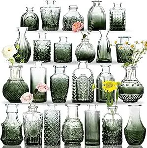 12 Pack Numbers (#13-#24) Green Vintage Small Glass Bud Vase for Centerpieces - Flowers- size variety between 3.0
