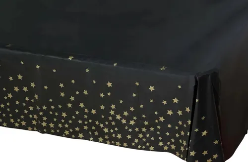 Plastic Table Covers Black Rectangle with Gold Stars - Decorative PVC Disposable Tablecloths 54