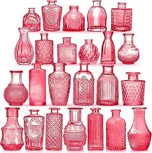 12 Pack (#13-#24) Red Vintage Small Glass Bud Vase for Centerpieces - Flowers- size variety between 3.0