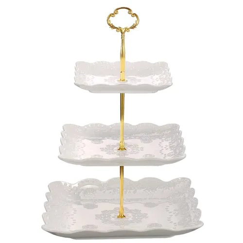 3 Tier Porcelain Cupcake Stand, White Embossed Dessert Stand 