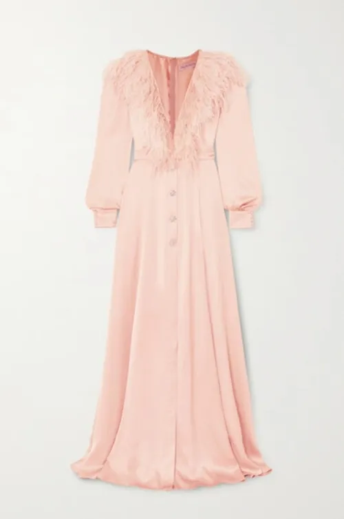 Ralph & Russo feather trimmed silk- satin gown