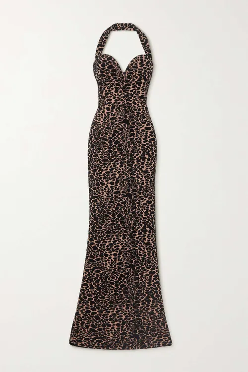 Alaia Leopard Jacquard Knit Halter Neck Gown