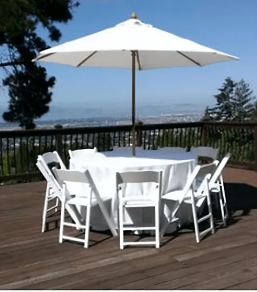 60-Inch Round Wooden Table with 9ft Taupe Umbrella & Tablecloth – Outdoor Event Rental