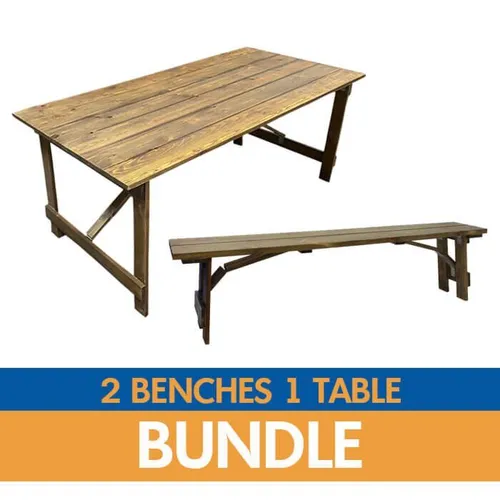 6ft Rustic Trestle Table & 2 Wooden Benches Bundle