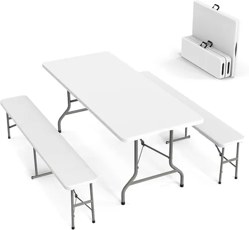 Picnic Table Set with 2 Benches, 6 Ft, White