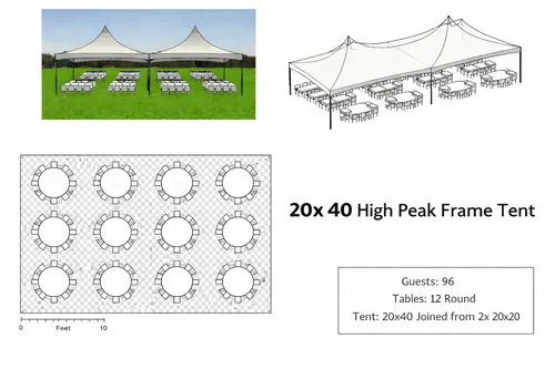 20x40 Tent – Up to 64 Guests (Round Tables)
