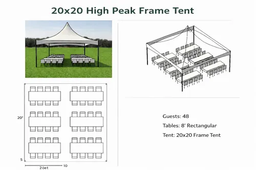 20x20 Tent – Up to 48-50 Guests (8’ Tables)
