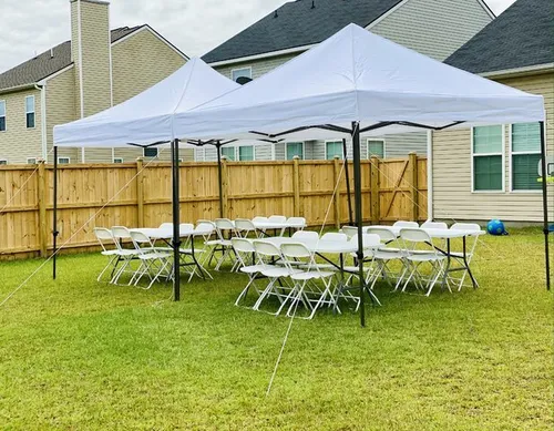 2 10 x 10 Popup Tent No Walls 4 8 ft Tables and 40 Chairs 