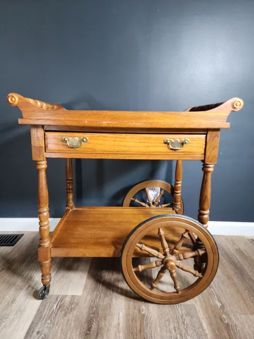 1970s Colonial Style Serving Cart Oak Wood Tea Cart
