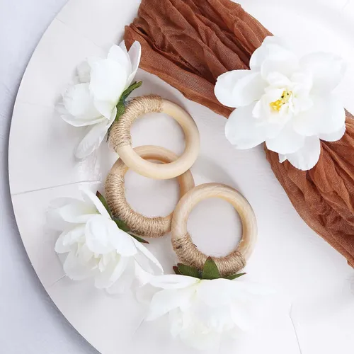 White Silk Jasmine Flower Napkin Rings with Wooden Holder