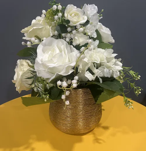 White Floral Centerpiece with Gold Base (13 Inches Tall)