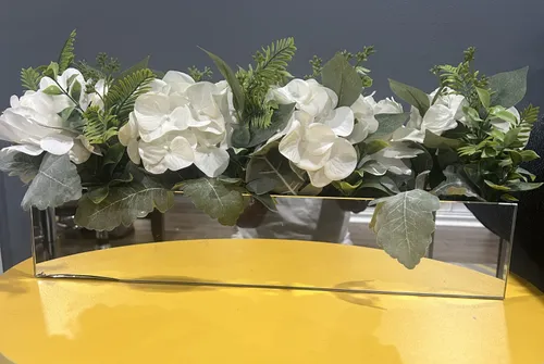 White Flower Centerpiece with Mirror Container  (20 Inches Wide)