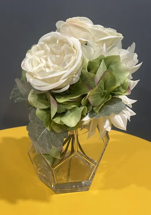 White Floral Centerpiece with Glass Base (10 Inches Tall)