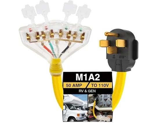  50 amp to 20 amp Adapter 110 RV Distribution NEMA 14-50P Male to 4X 5-20R 1.5 FT Household Outlets