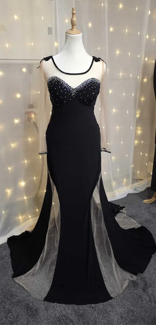 Black Sequin & Rhinestone Sheer-Sleeve Dress – Size 14-16