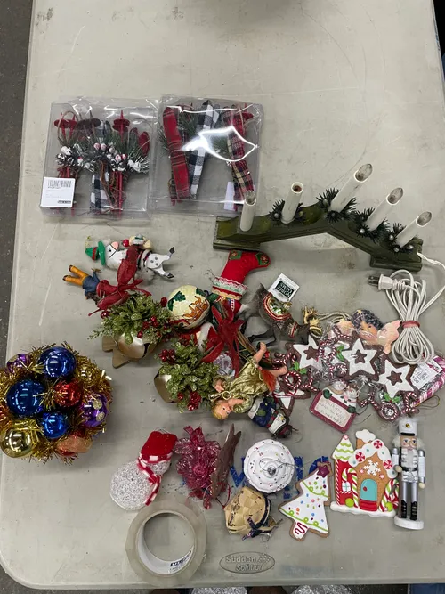 Bin of Assorted Decorations: (1) ornaments- (1) flameless candelabra
