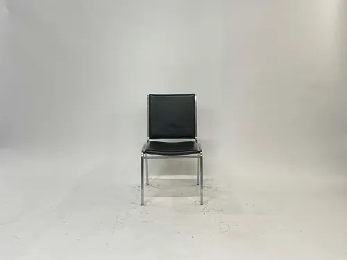 Black Leather & Steel Square Side Chair