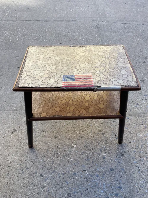 Vintage Wooden Side Table with Stone Sticker Top