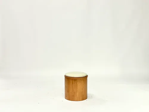 Round Wood & White Leather Storage Ottoman