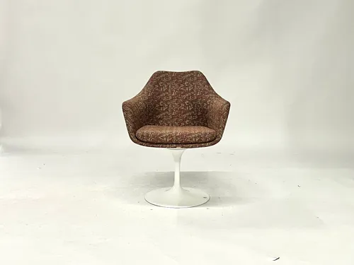 Matched Set of 2 Vintage Knoll Red Pattern Upholstered Tulip Chairs