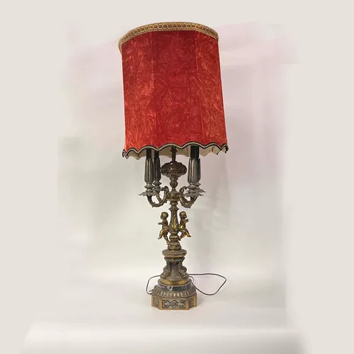 Antique 1920s Brass Cherub Art Deco Candelabra Table Lamp with Red Velvet Shade - LI165