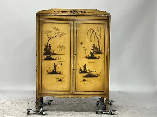 Antique Painted Yellow Asian Landscape Wooden Cabinet