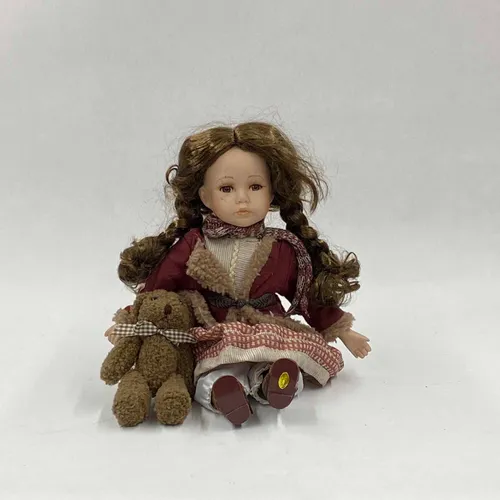 Vintage Baby Girl Doll with Maroon Dress & Teddy Bear - MOB217