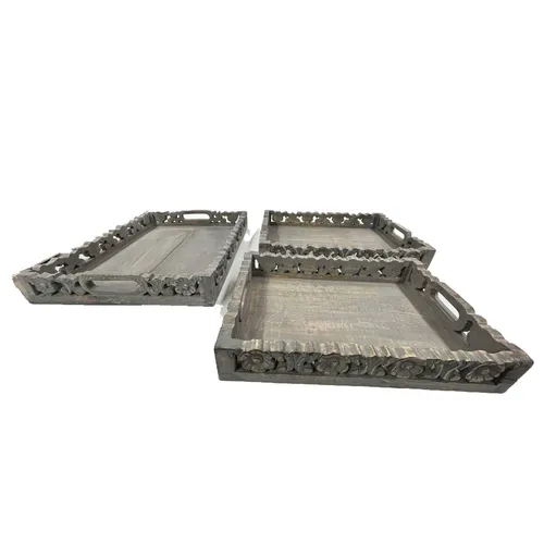 Gray Wash Floral Carving Wood Trays, Set of 3 - TR483
