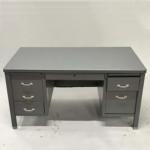 Vintage Mid-Century 5-Drawer Gray Tanker Desk with Straight Legs