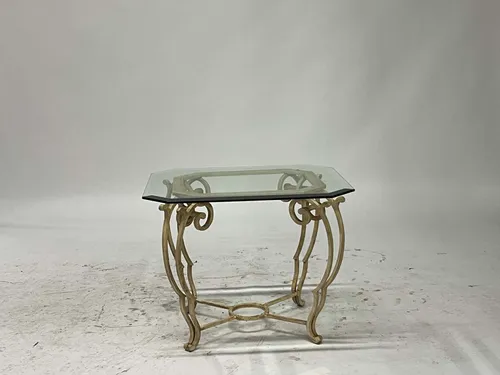 Beige Scroll Metal Side Table with Cut Corner Glass Top