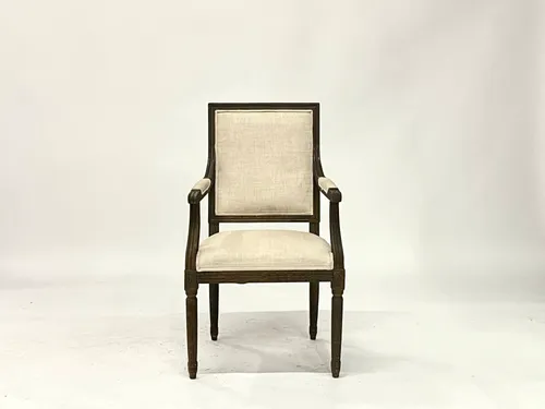 Vintage French Beige Upholstered Square Dining Armchair